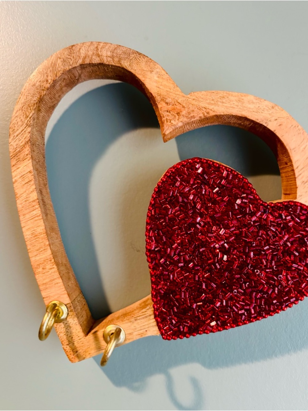 Beaded Red Heart Wooden Key Holder